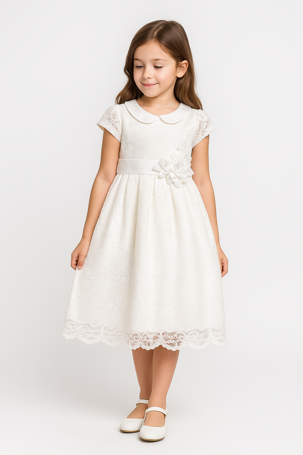 Girls Ivory Floral Lace Dress with Peter Pan Collar Model Picture