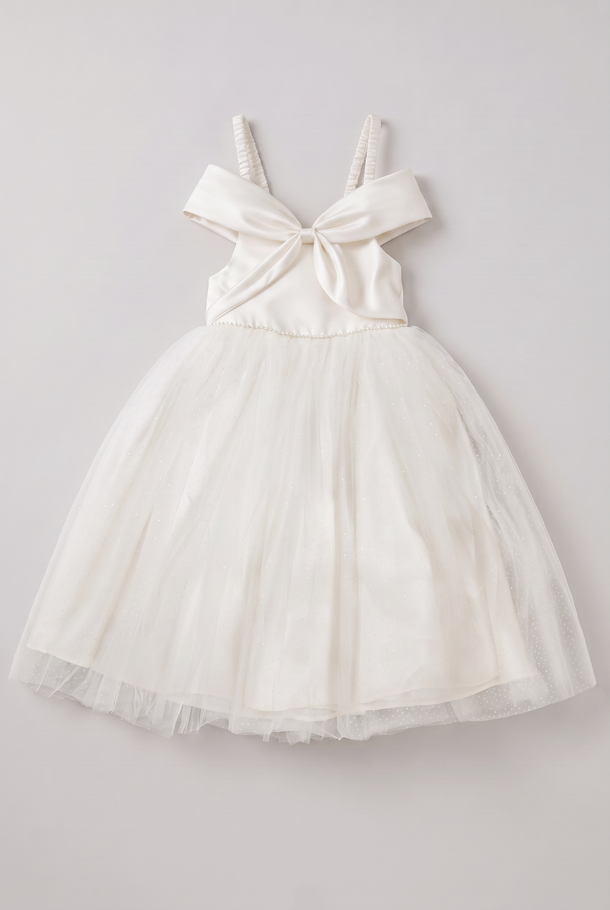 Girls Ivory Tulle Dress with Ruched Straps - Sevva Avery Front Picture