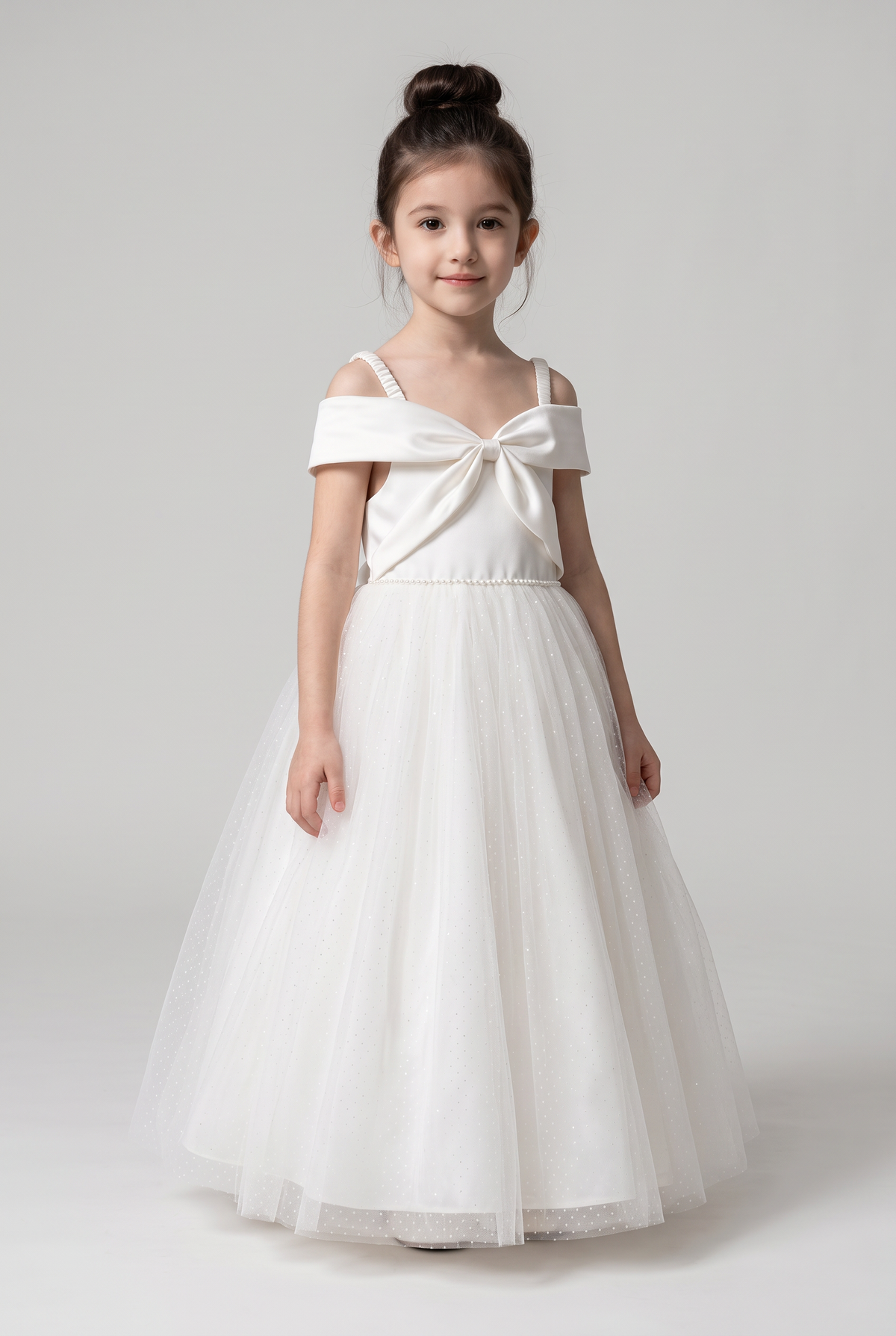 Girls Ivory Tulle Dress with Ruched Straps - Sevva Avery