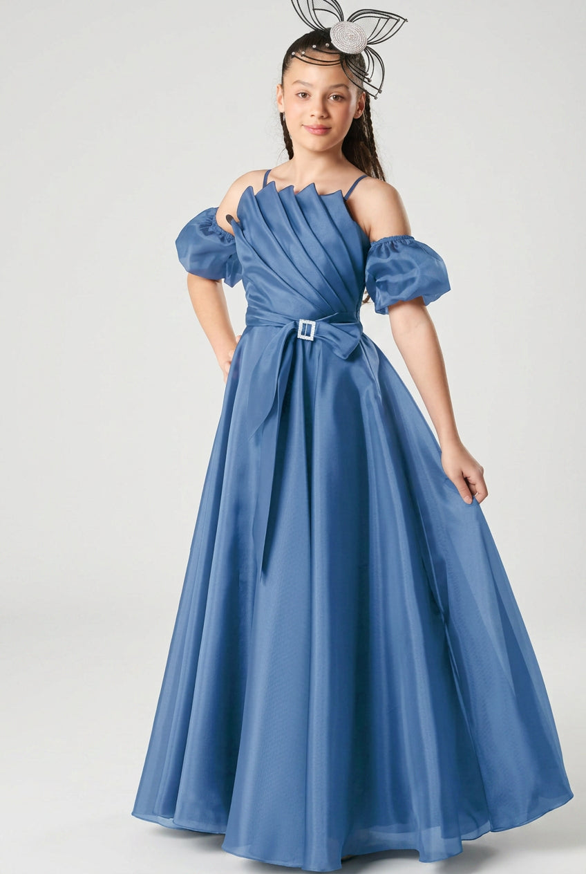 Girls Long Organza Dress with Crystal Sash - Indigo Blue fRONT pICTURE