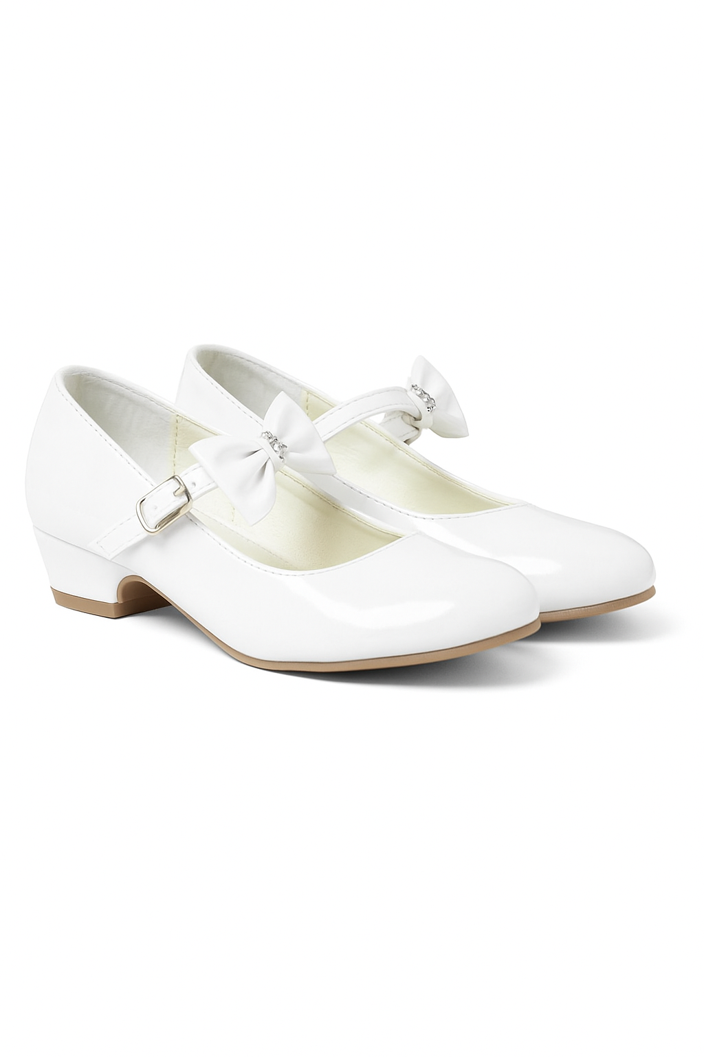Girls Medium Heel Patent Mary Jane Shoes -DANIELLE - White Pair Side Picture