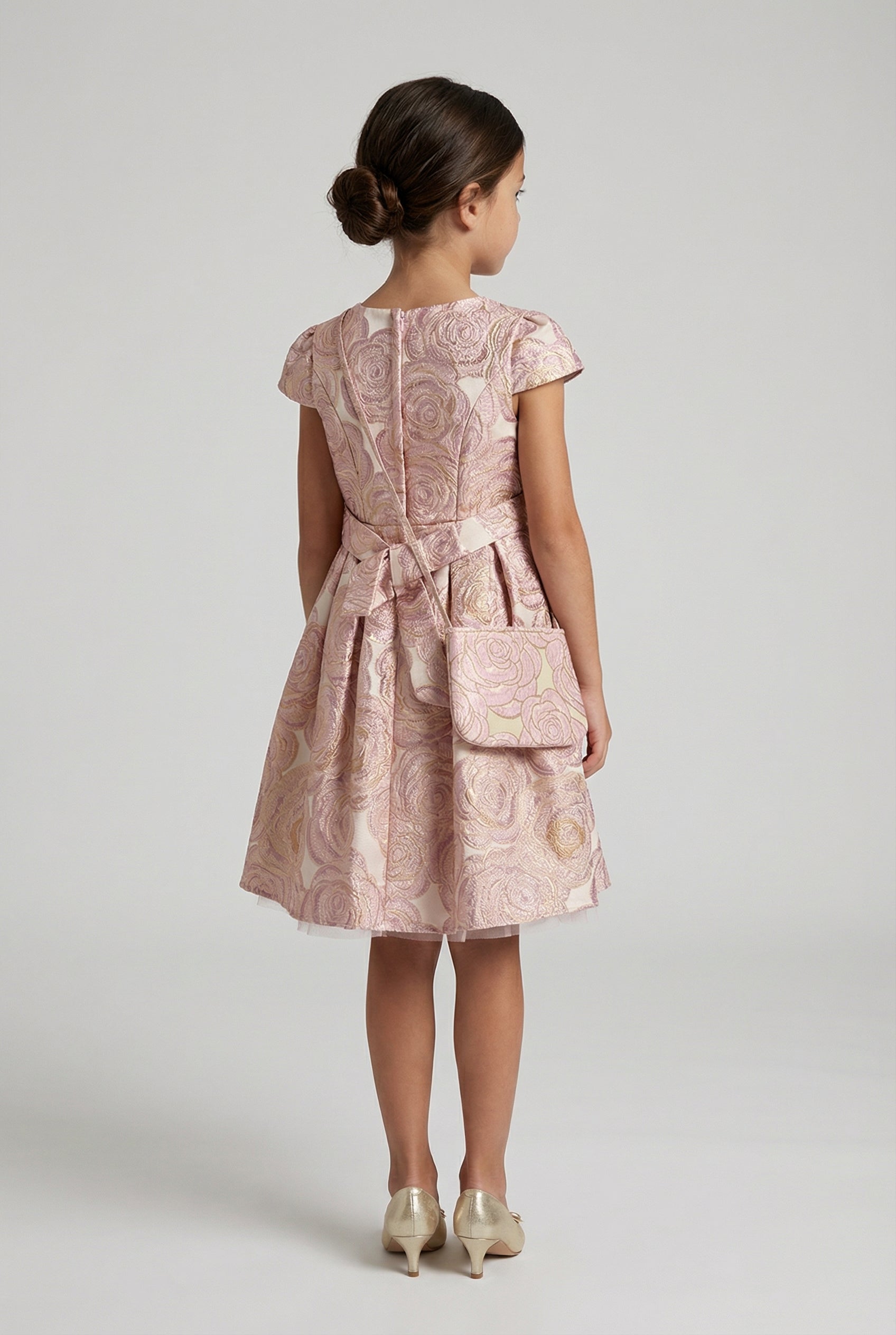 Girls Metallic Floral Brocade Dress Set - Lilac Back Picture