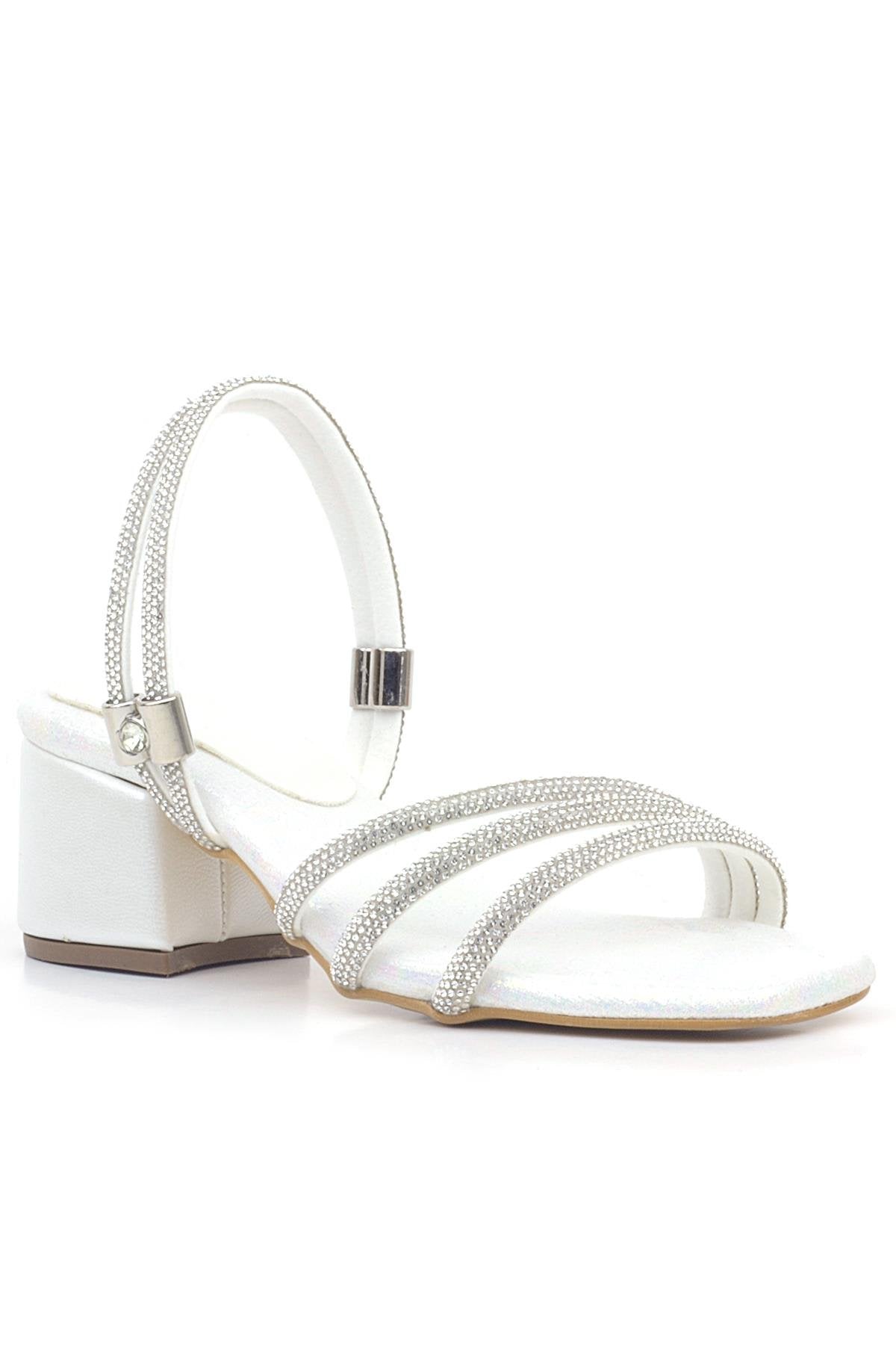Sandales à talons blocs et brides métalliques pour fille – Judy – Blanc perle