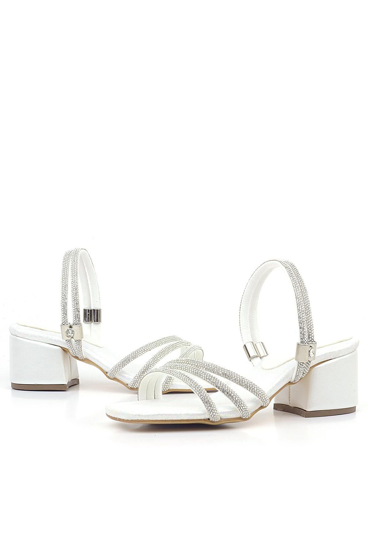 Sandales à talons blocs et brides métalliques pour fille – Judy – Blanc perle