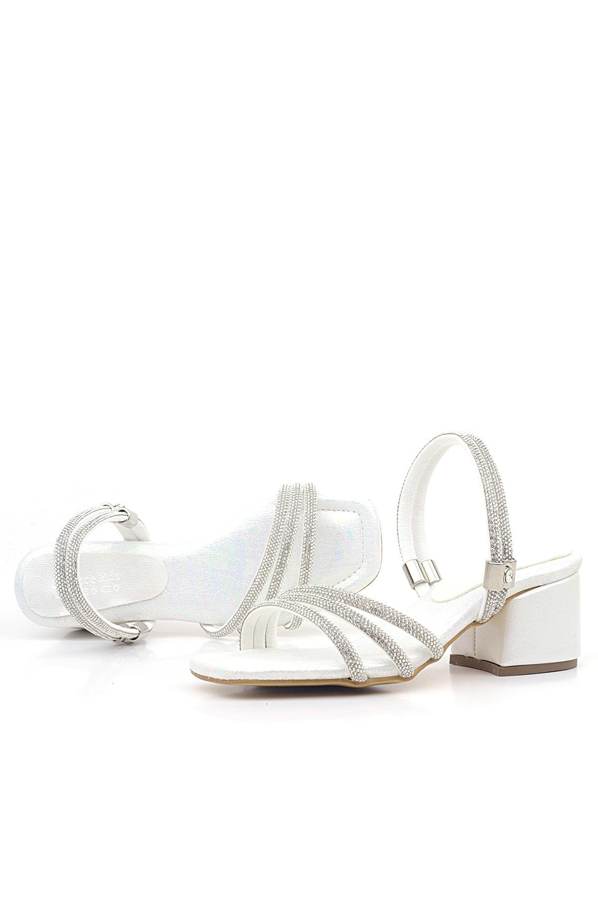 Sandales à talons blocs et brides métalliques pour fille – Judy – Blanc perle