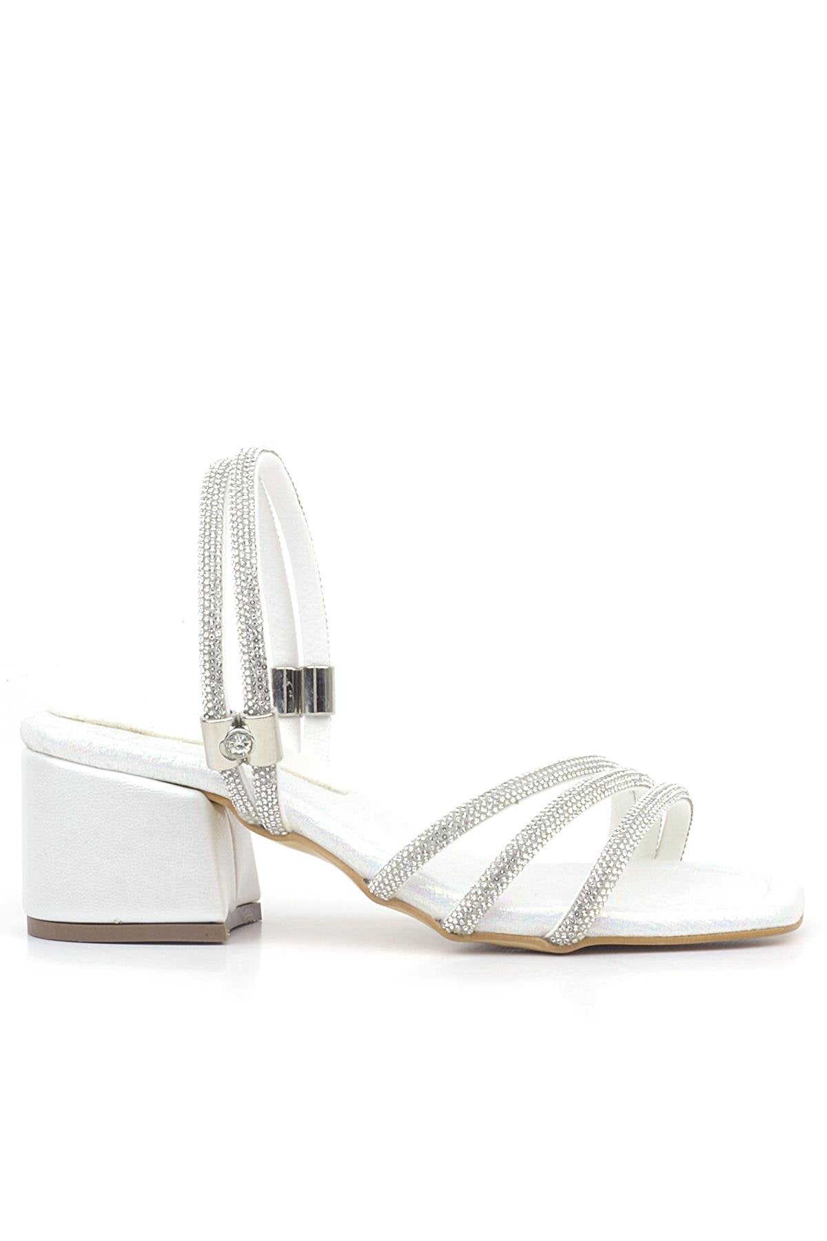 Sandales à talons blocs et brides métalliques pour fille – Judy – Blanc perle