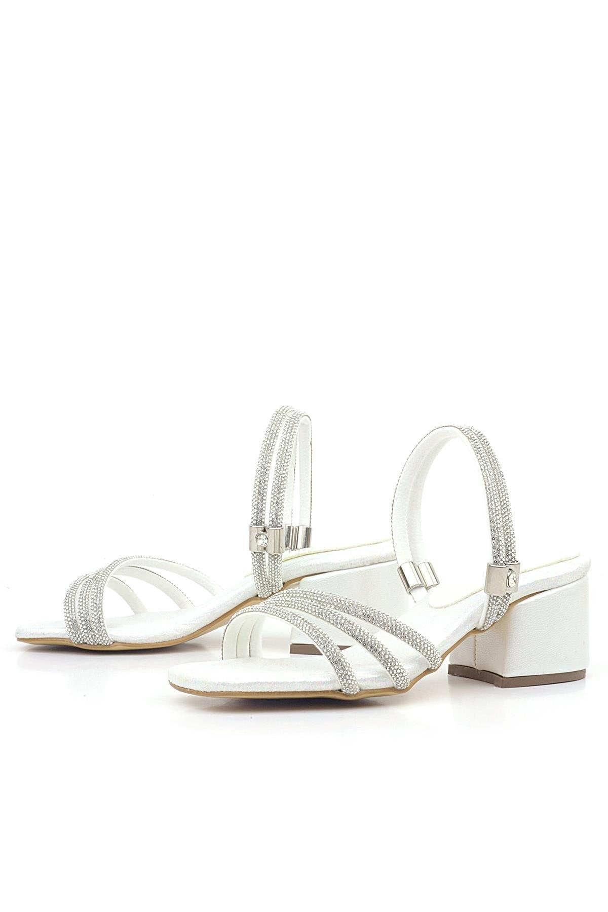 Sandales à talons blocs et brides métalliques pour fille – Judy – Blanc perle