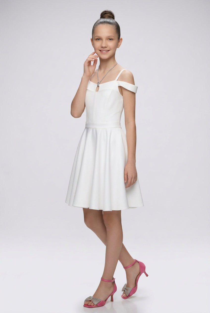 Girls Off-Shoulder Party Dress with Fitted Bodice - White Side Picture