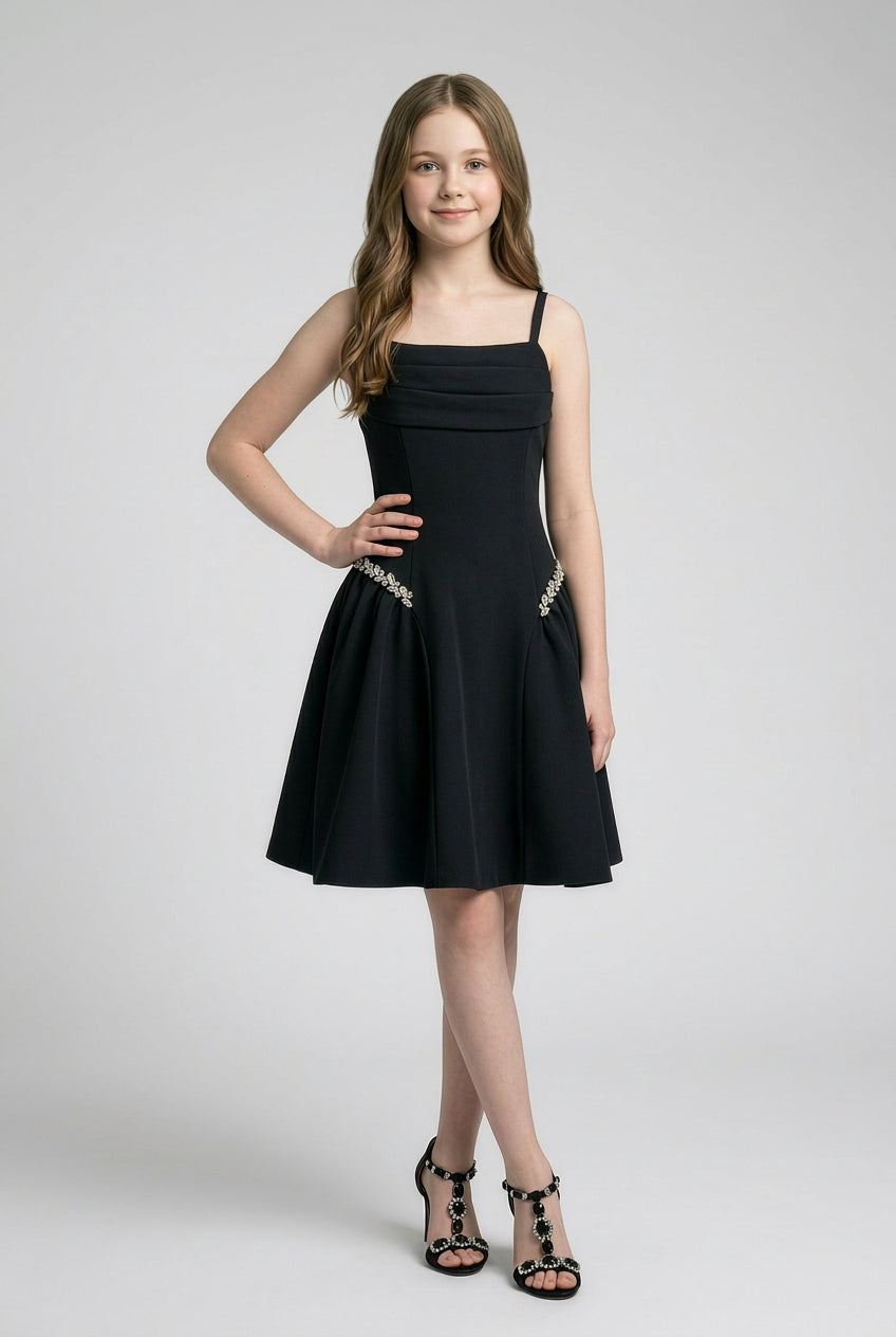 Girls Party Dress with Crystal Hip Detail & Bow - Black