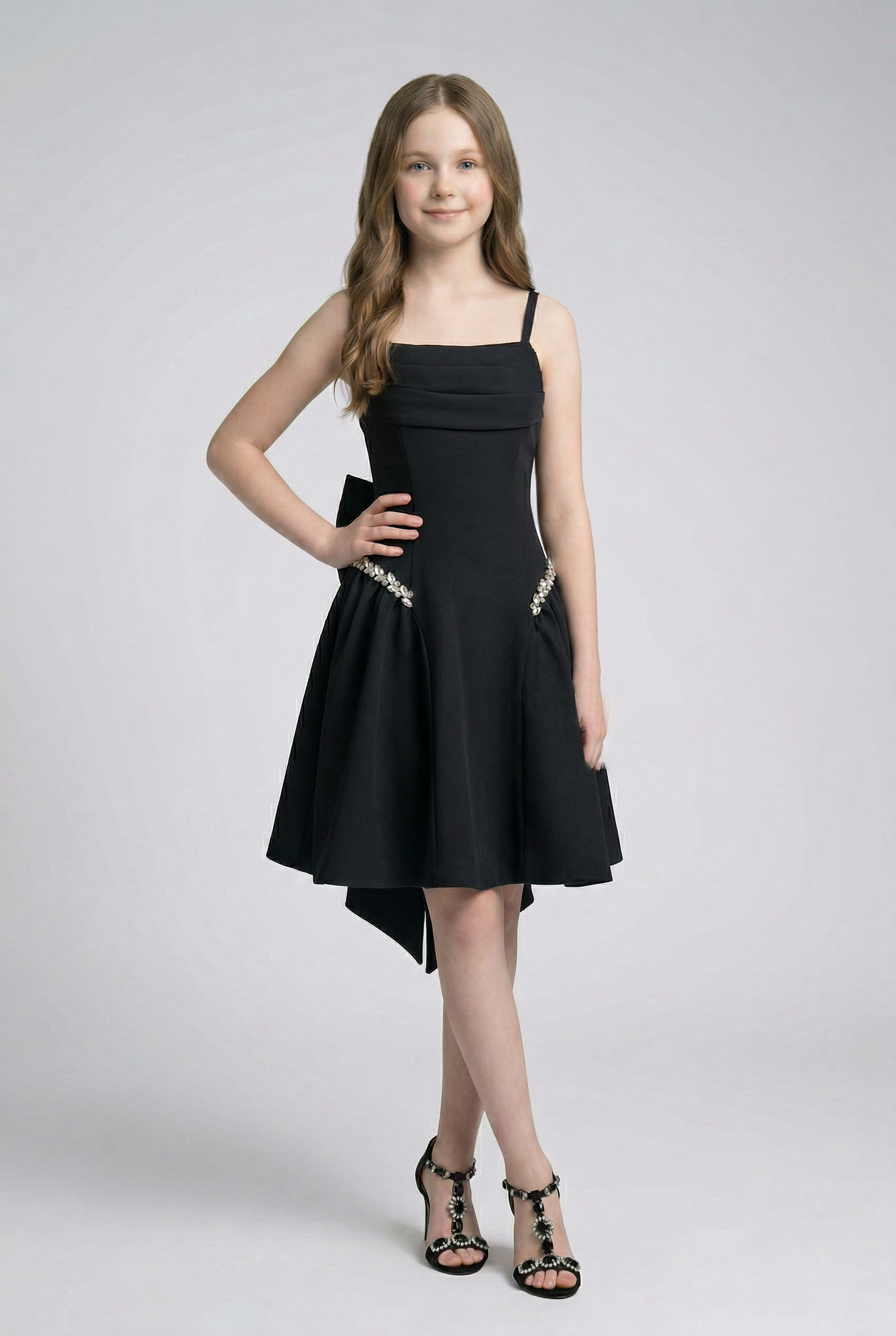 Girls Party Dress with Crystal Hip Detail & Bow - Black