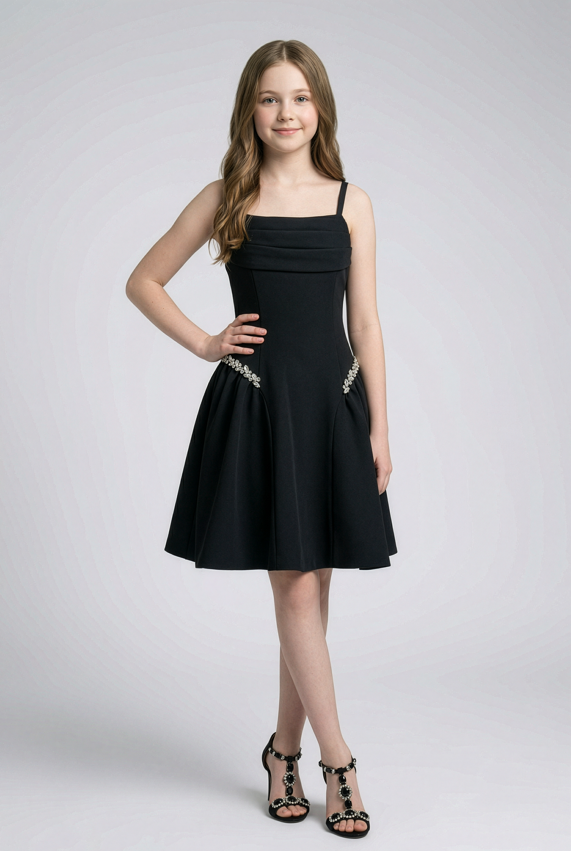 Girls Party Dress with Crystal Hip Detail & Bow - Black