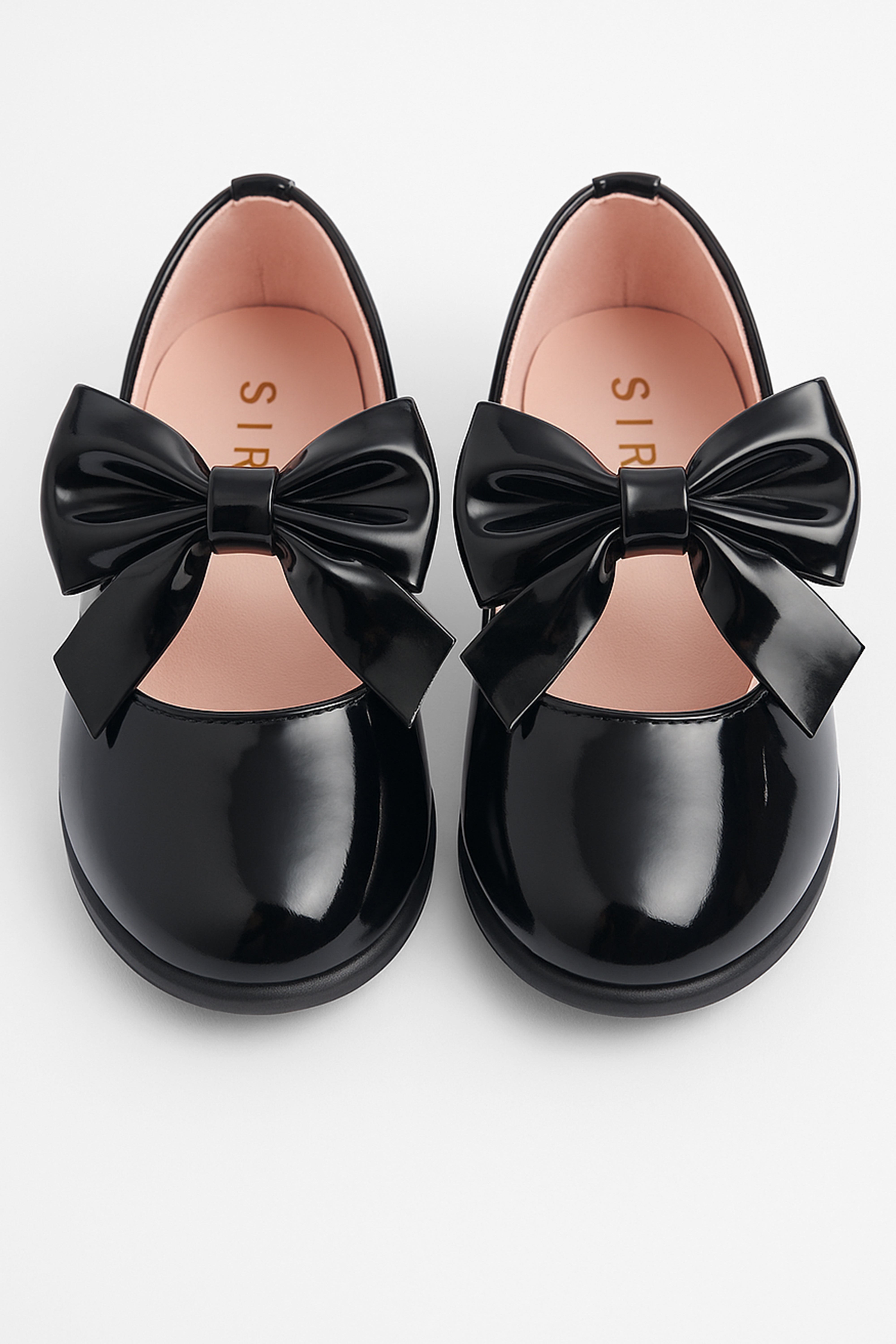 Girls Patent Bow Velcro Flat Mary Jane Shoes - AMIRA - Black Front Picture