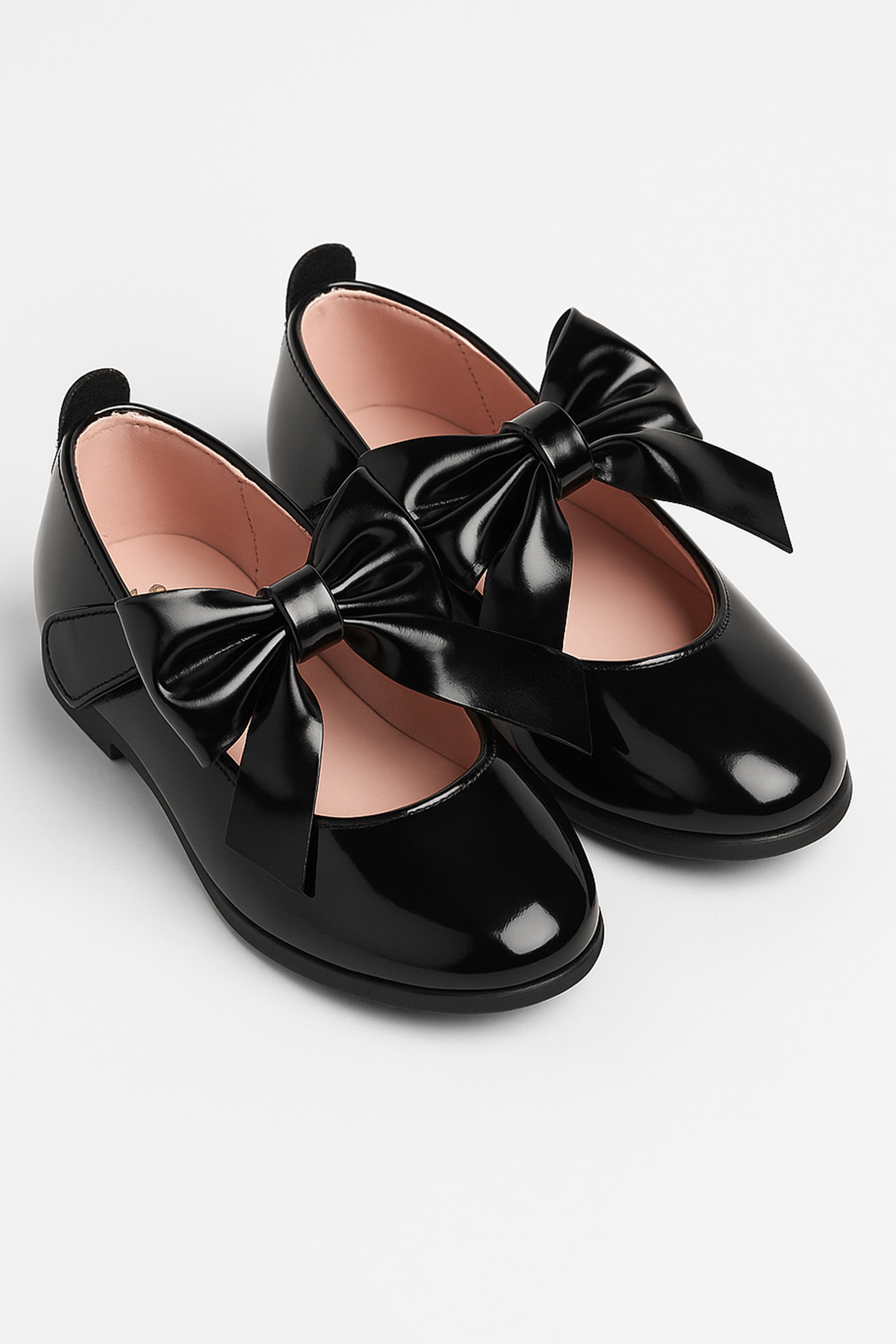 Girls Patent Bow Velcro Flat Mary Jane Shoes - AMIRA - Black Pair Side Picture