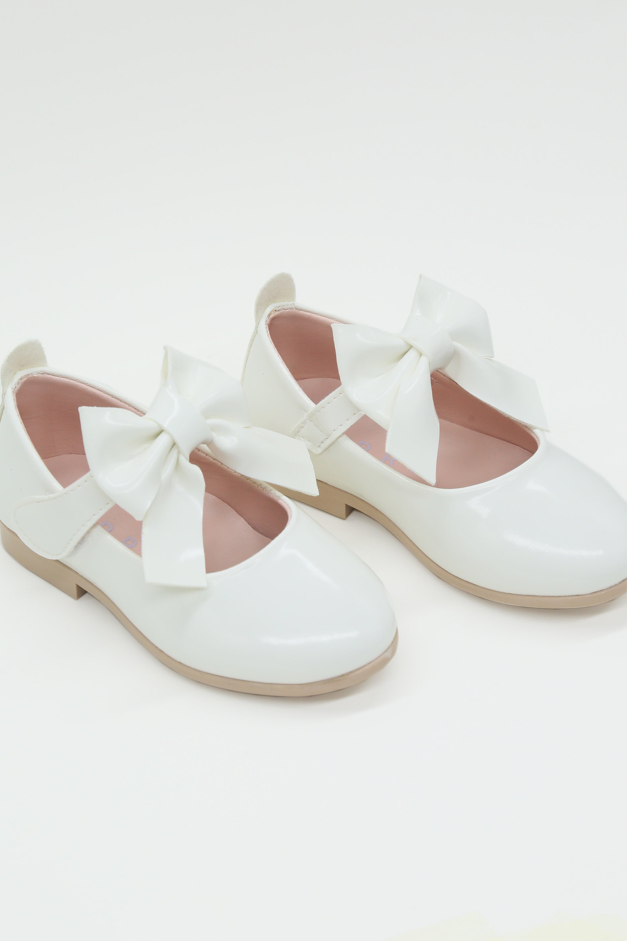 Girls Patent Bow Velcro Flat Mary Jane Shoes - AMIRA - White Pair Side Picture