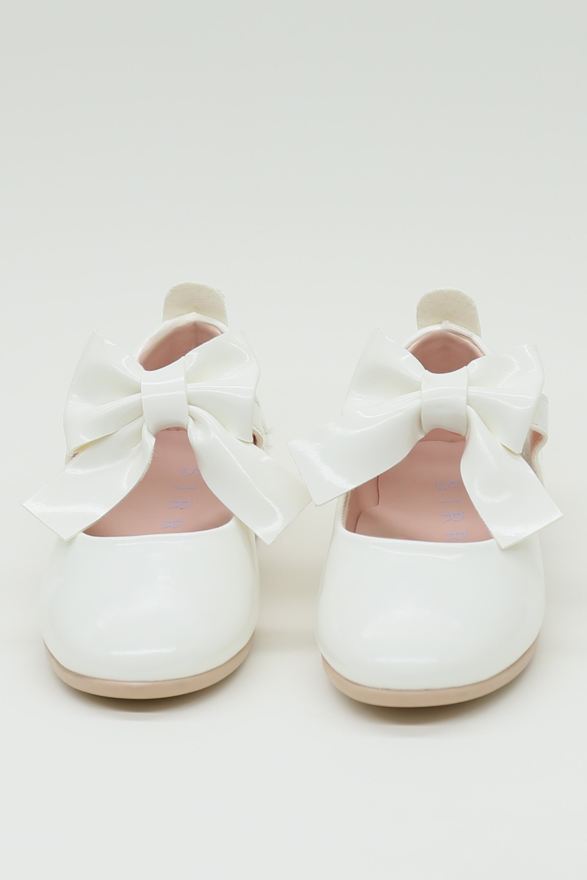Girls Patent Bow Velcro Flat Mary Jane Shoes - AMIRA - White Front Picture