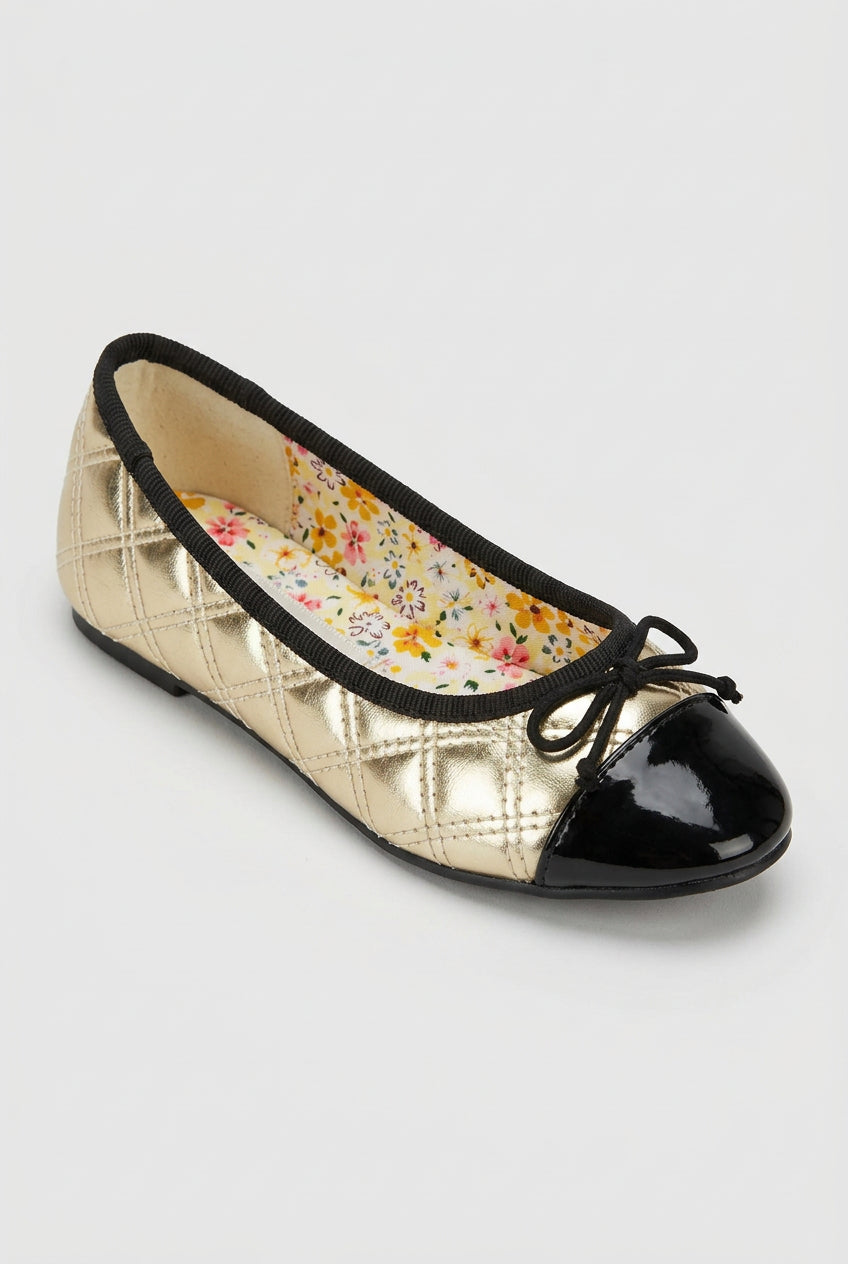 Girls Patent Cap Toe Quilted Ballet Flats - Black - Gold