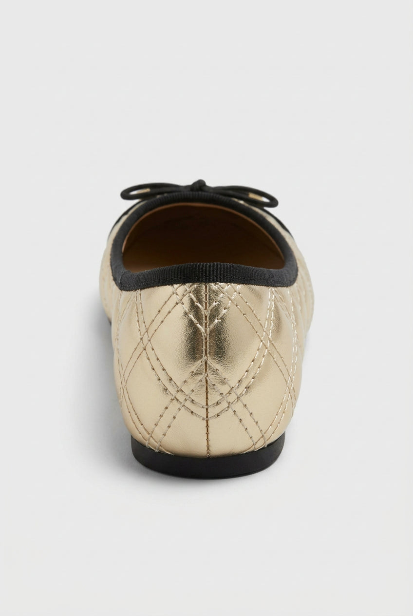 Girls Patent Cap Toe Quilted Ballet Flats - Black - Gold Back Picture