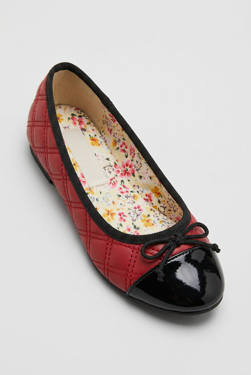 Girls Patent Cap Toe Quilted Ballet Flats - Black - Red