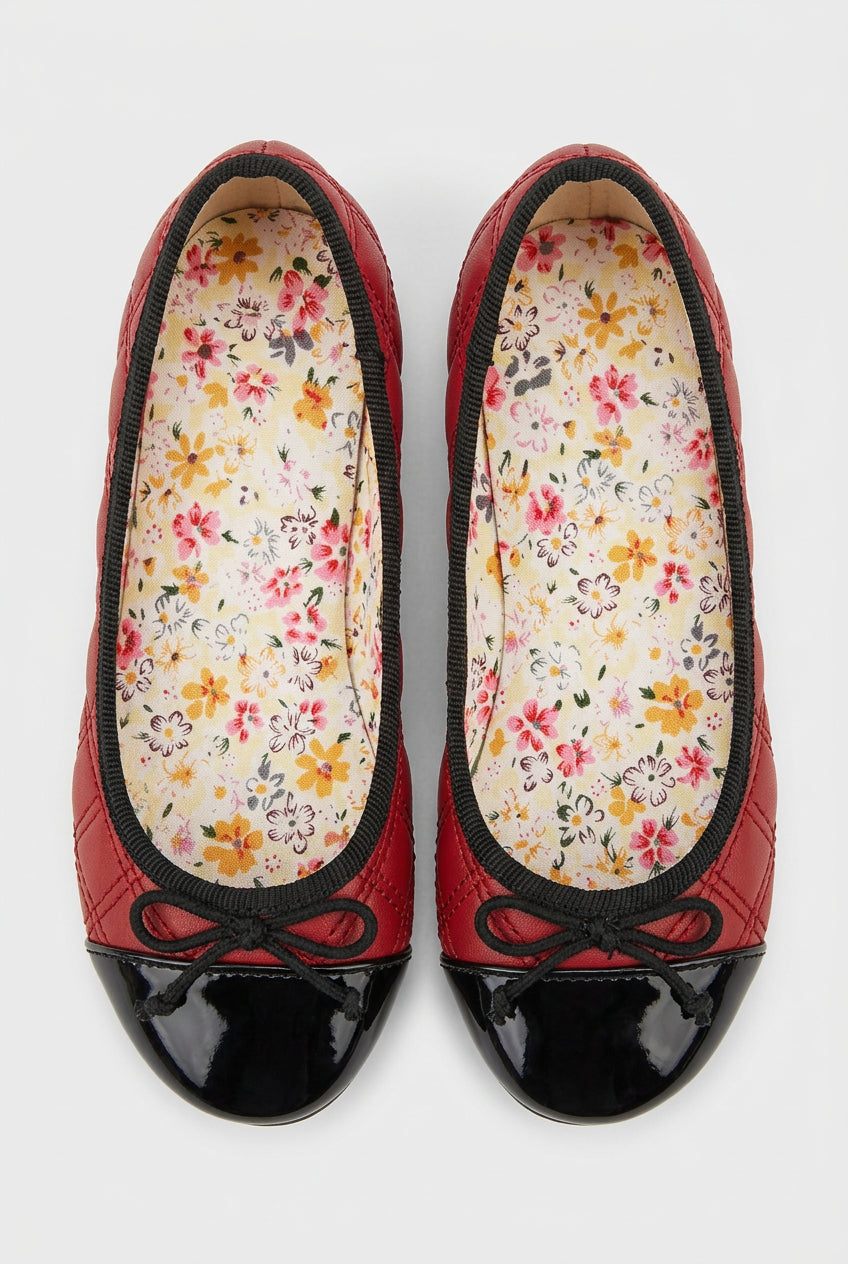 Girls Patent Cap Toe Quilted Ballet Flats - Black - Red Front Picture