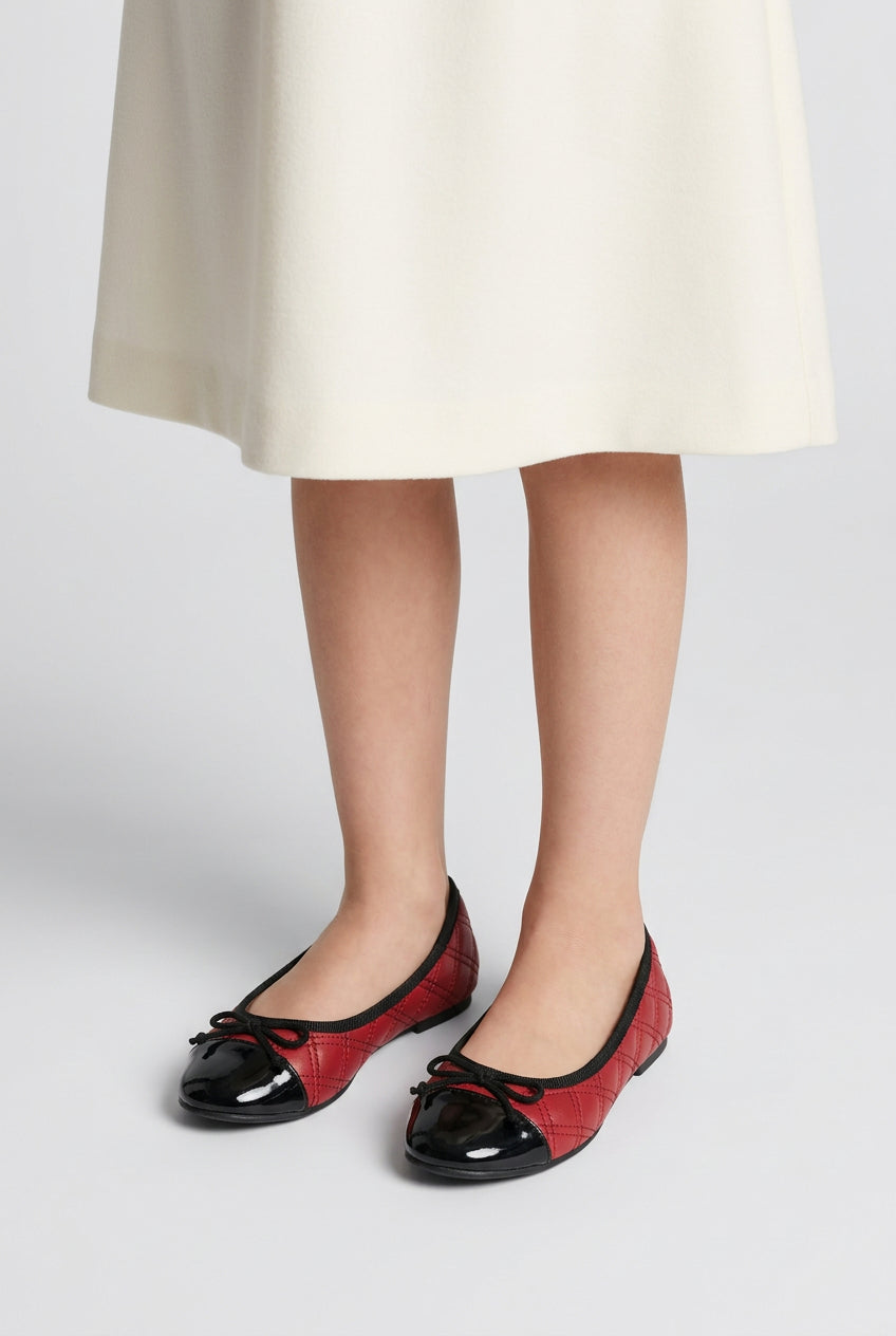 Girls Patent Cap Toe Quilted Ballet Flats - Black - Red Model Picture