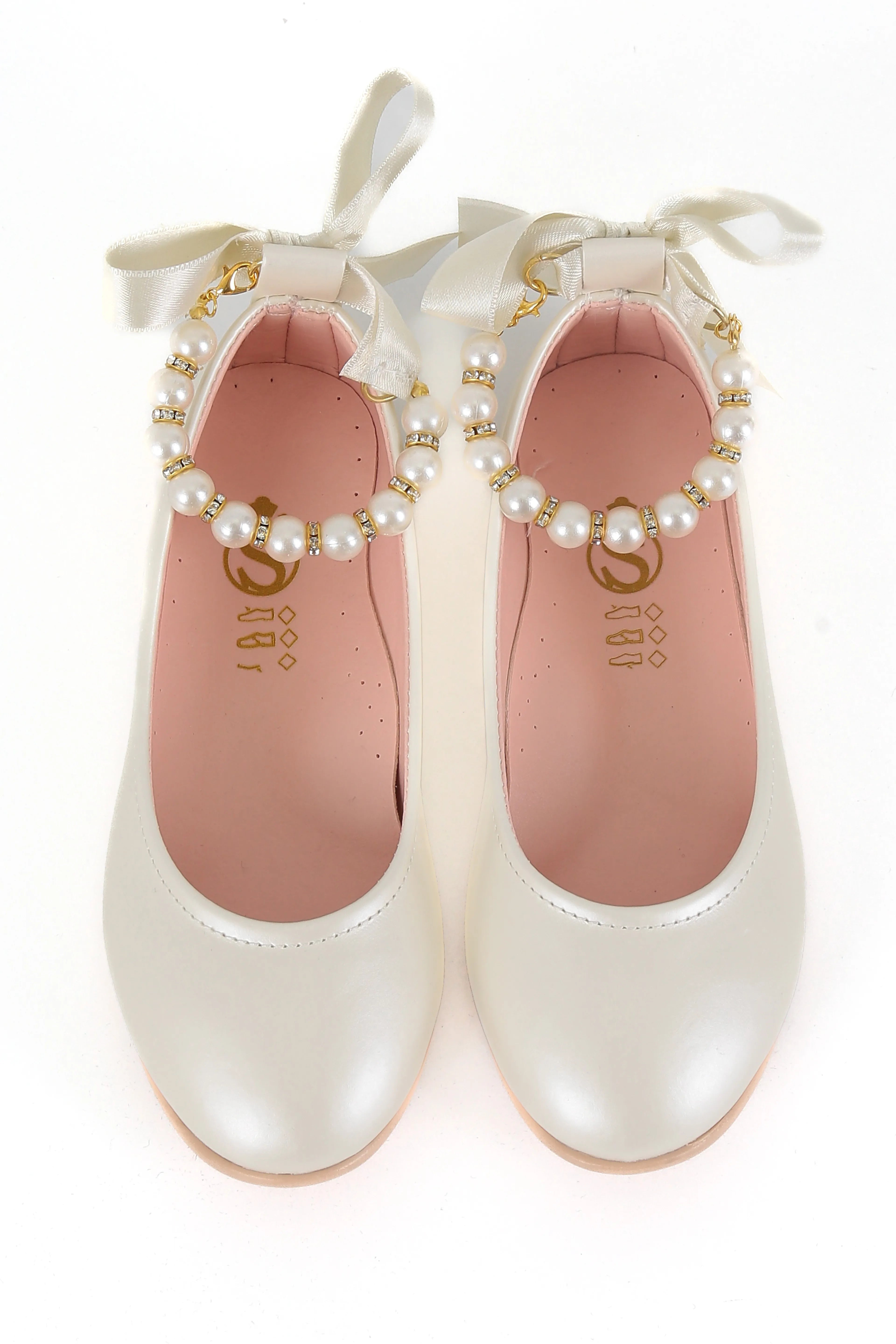 Girls Pearls & Ribbon Slip on Patent Mary Jane Shoes - TEAN - Ivory