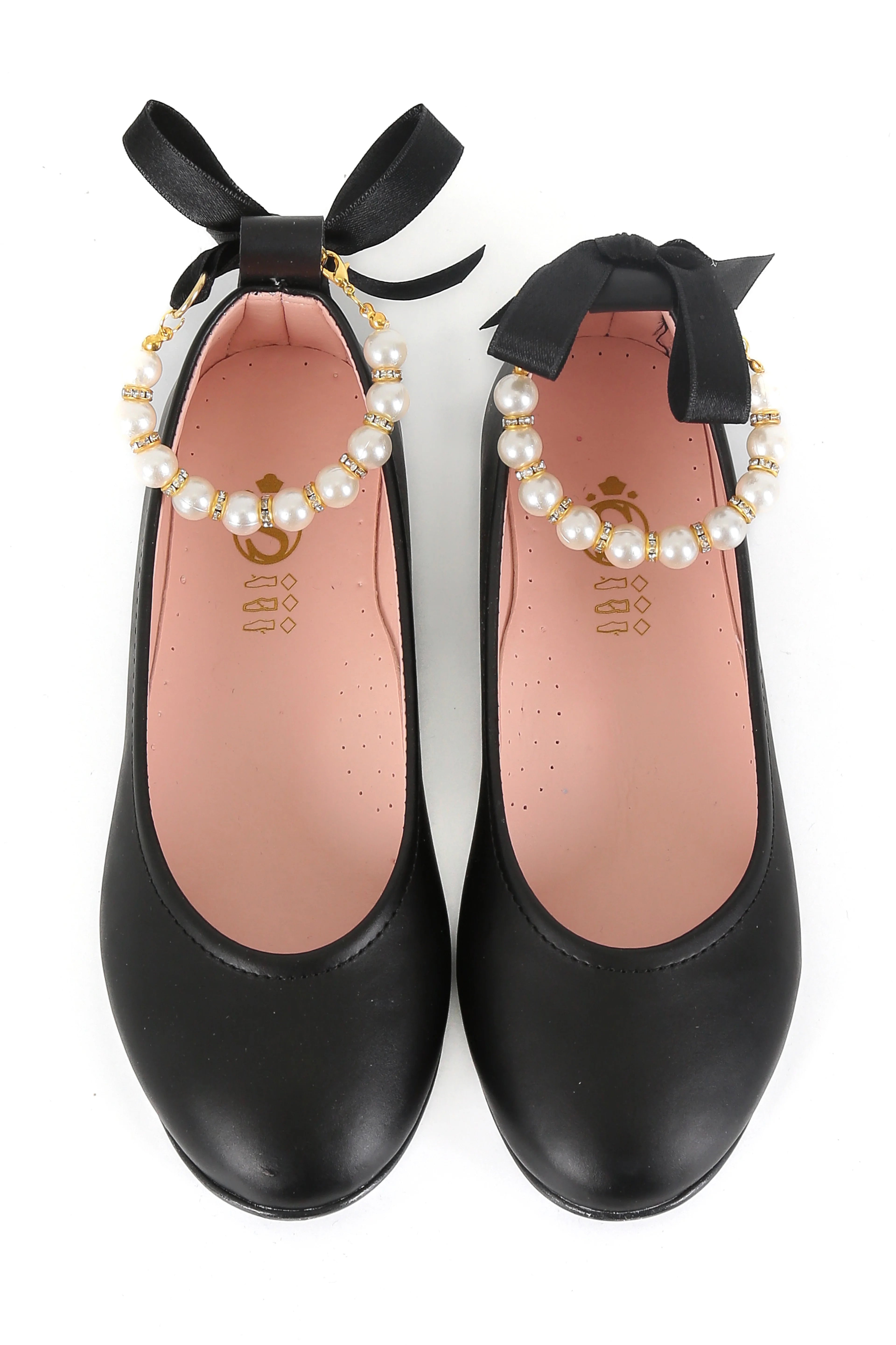 Girls Pearls & Ribbon Slip on Patent Mary Jane Shoes - TEAN - Mat Black