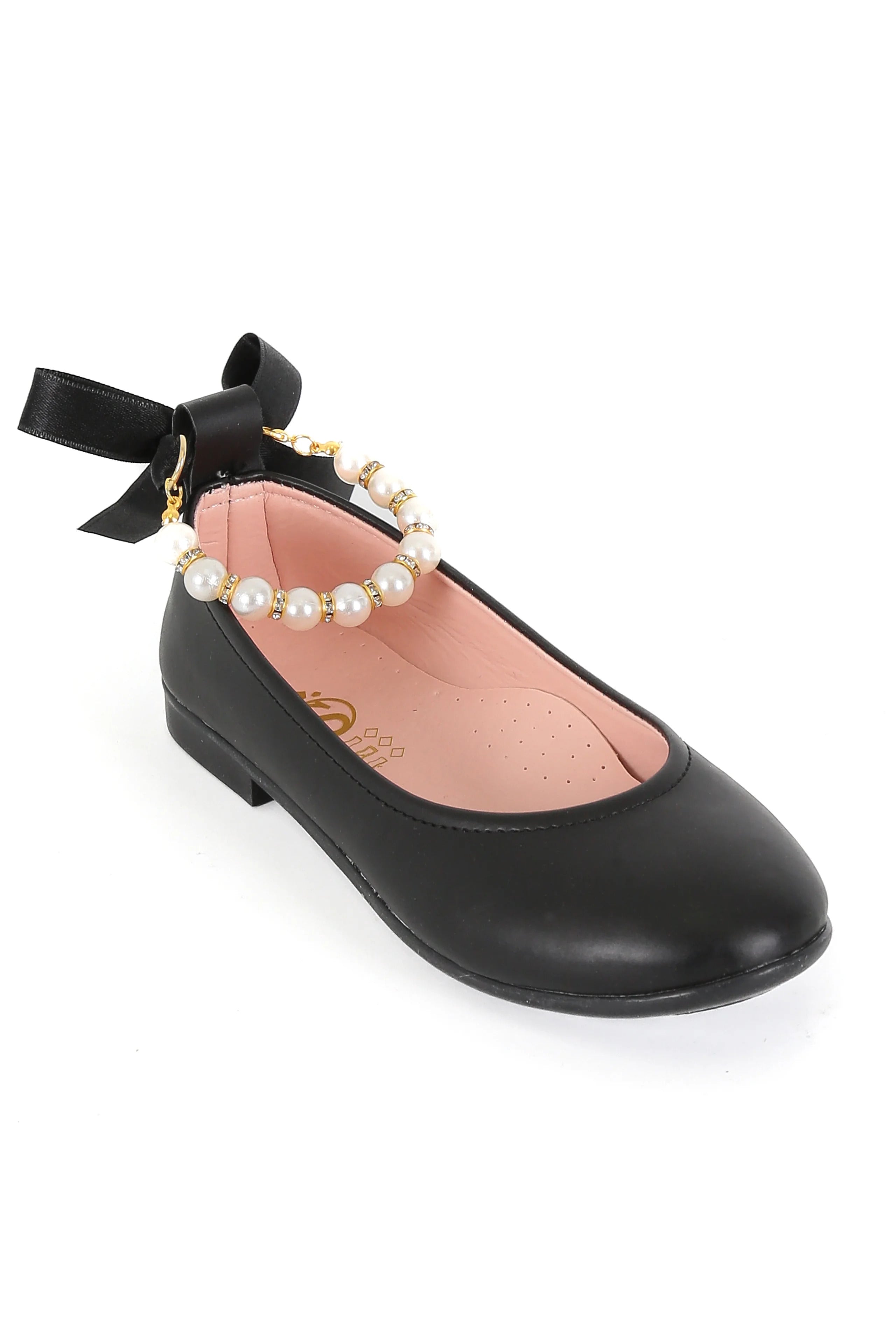 Girls Pearls & Ribbon Slip on Patent Mary Jane Shoes - TEAN - Mat Black