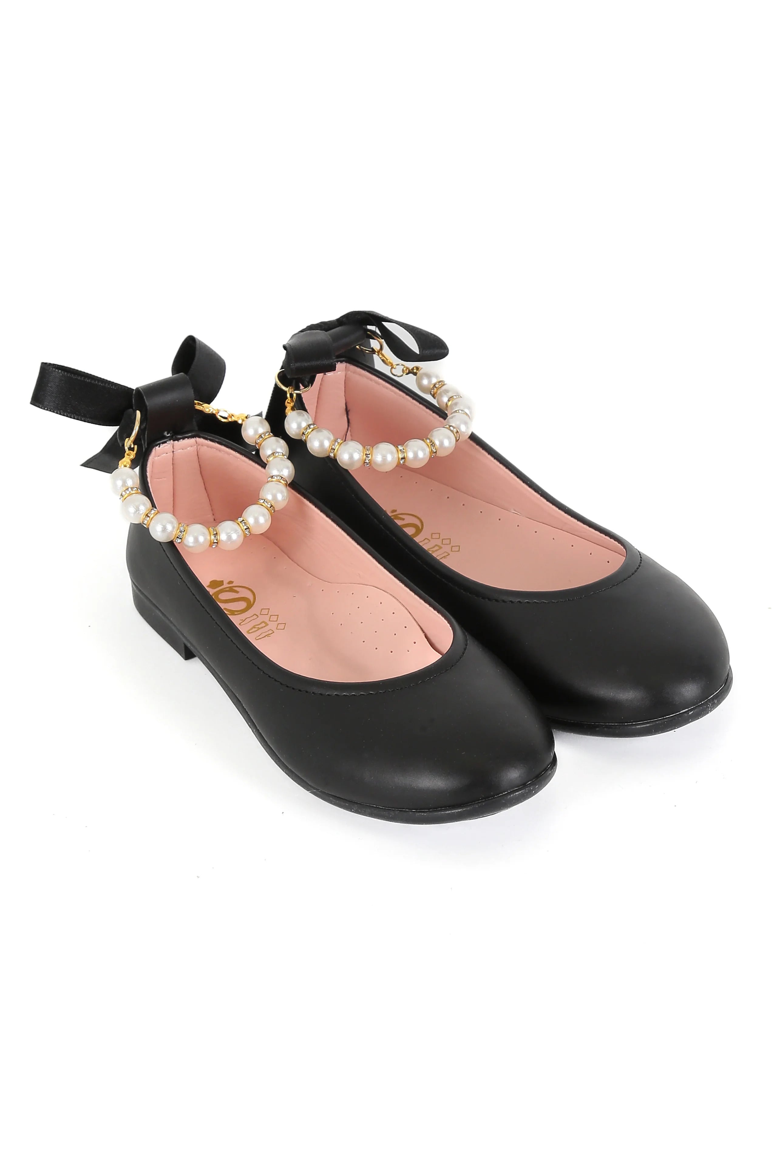Girls Pearls & Ribbon Slip on Patent Mary Jane Shoes - TEAN - Mat Black