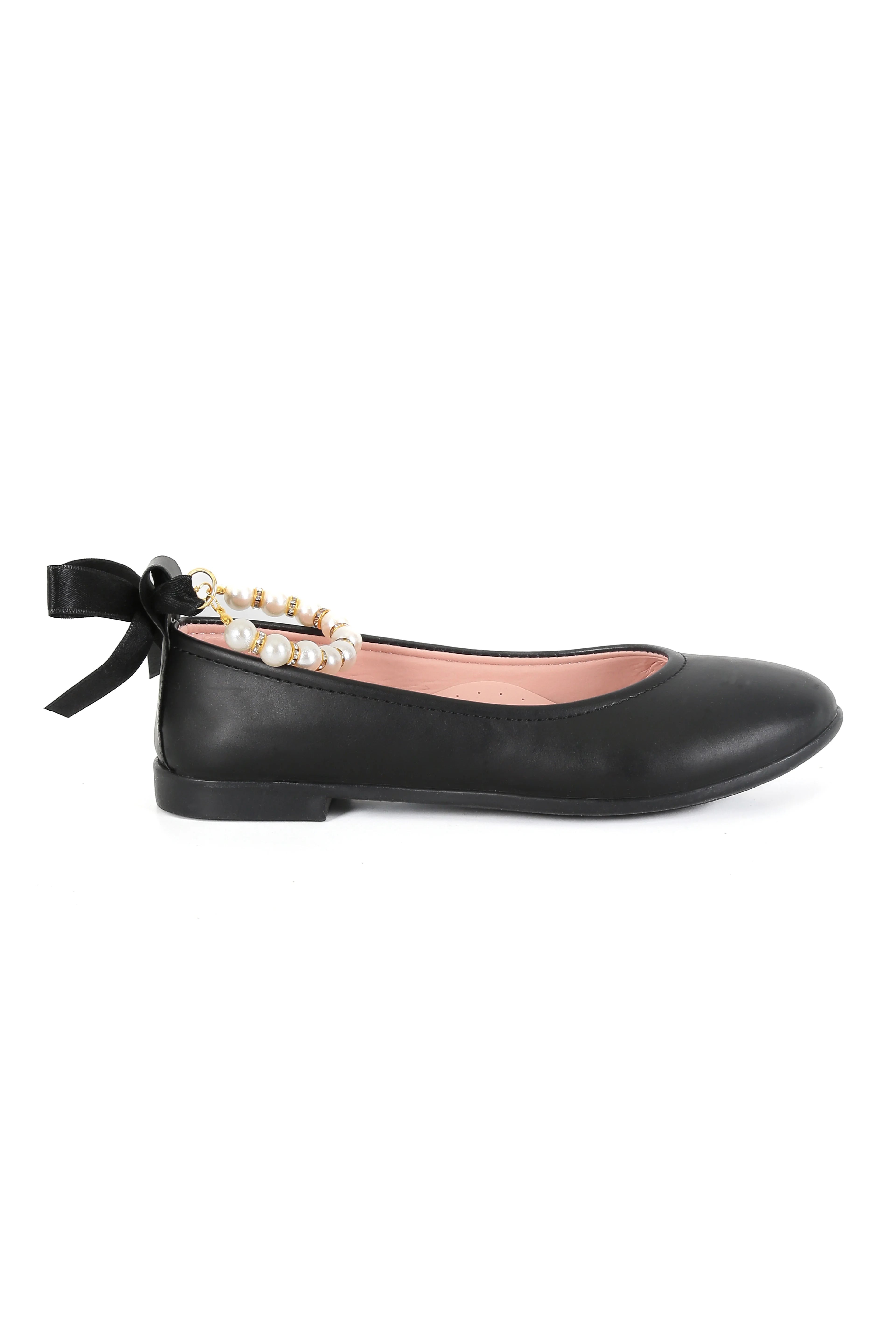 Girls Pearls & Ribbon Slip on Patent Mary Jane Shoes - TEAN - Mat Black