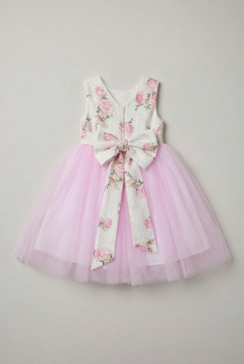 Vestido floral rosa para niñas con falda de tul y lazo trasero
