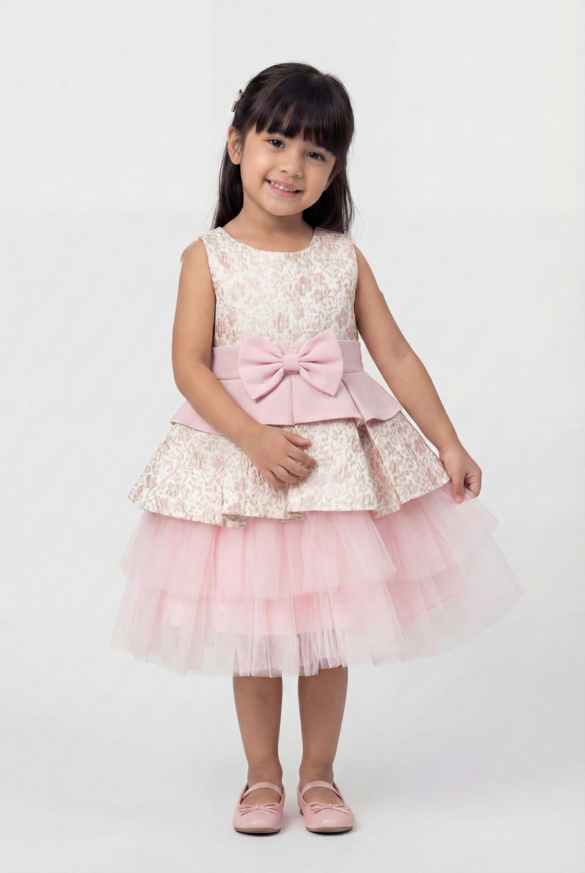 Girls Pink Floral Jacquard Dress with Detachable Bow
