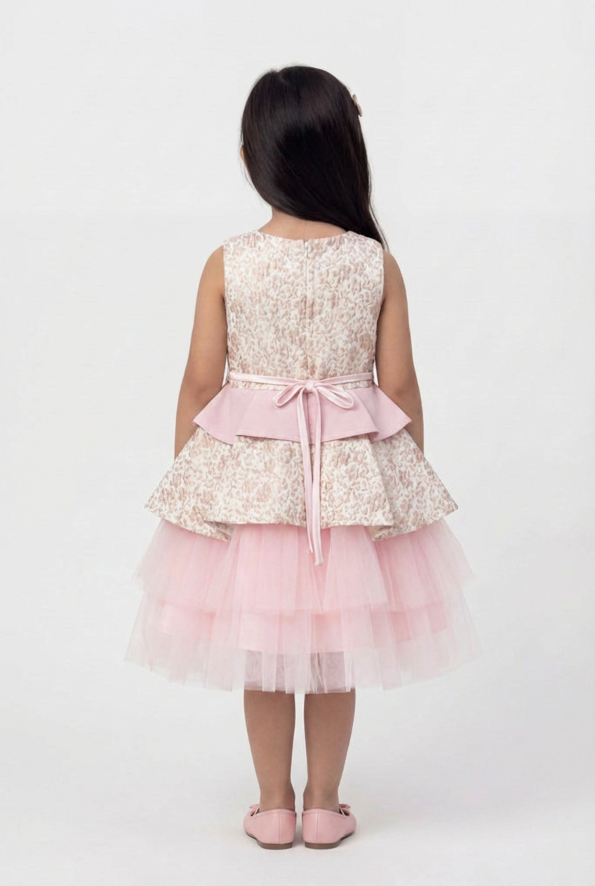 Vestito floreale jacquard Rosa da ragazza con fiocco staccabile