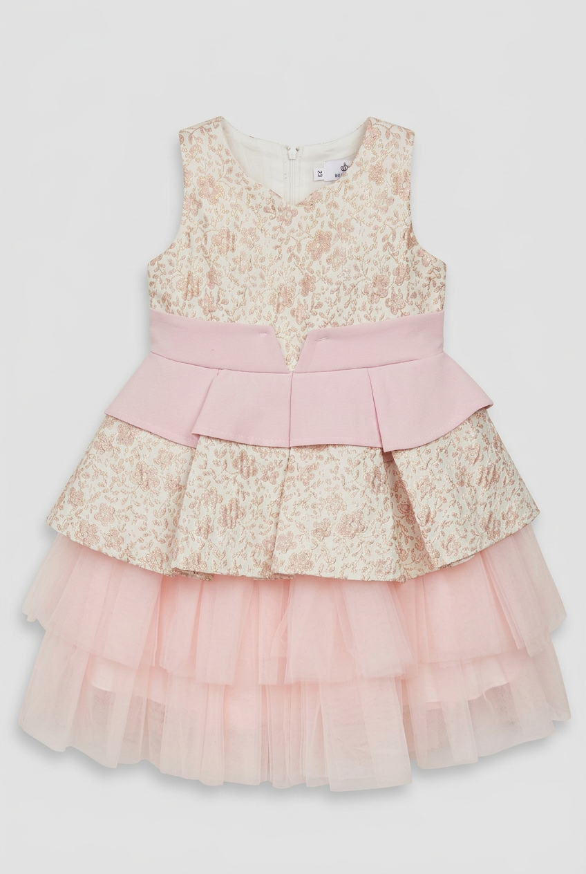 Vestito floreale jacquard Rosa da ragazza con fiocco staccabile