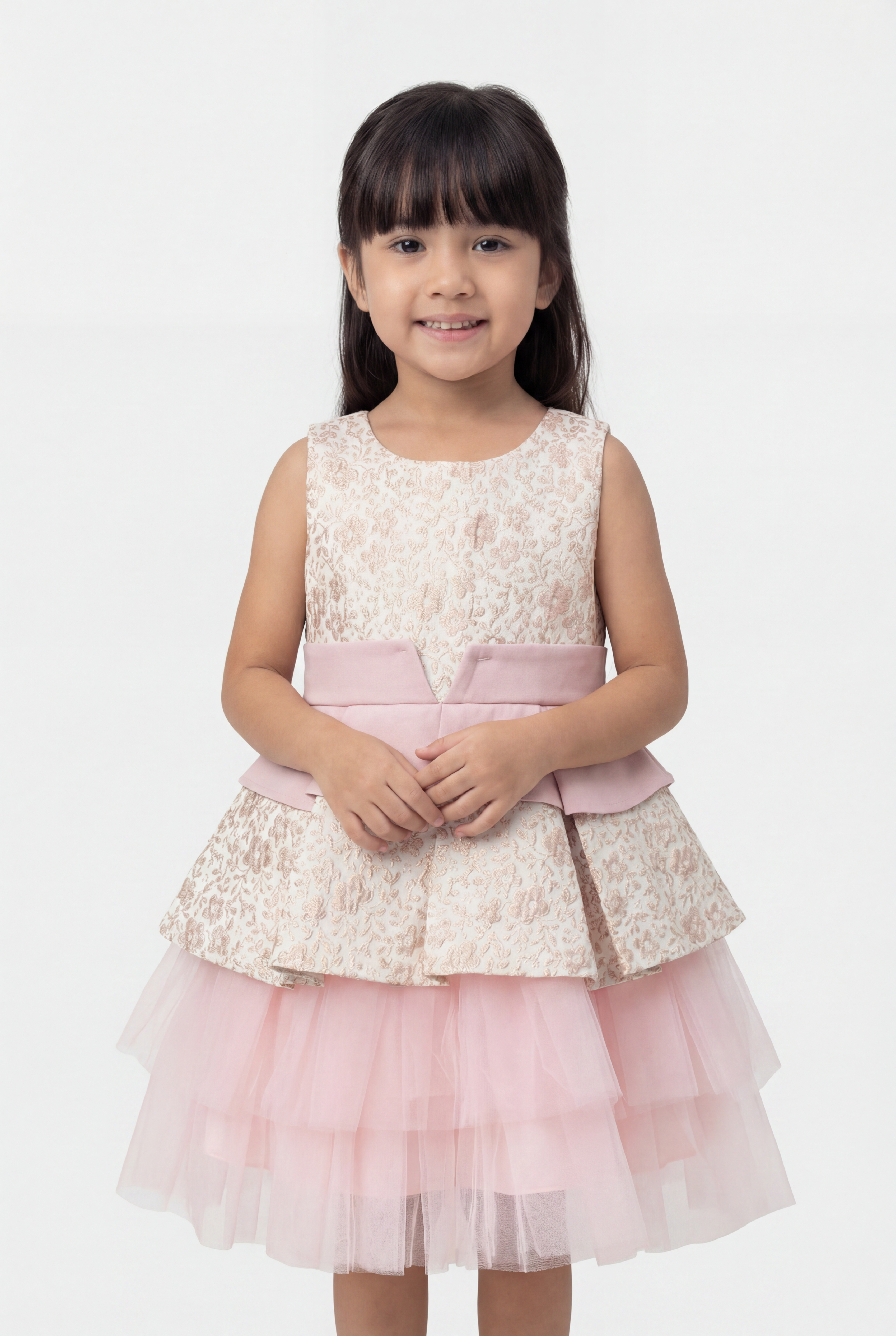 Vestito floreale jacquard Rosa da ragazza con fiocco staccabile