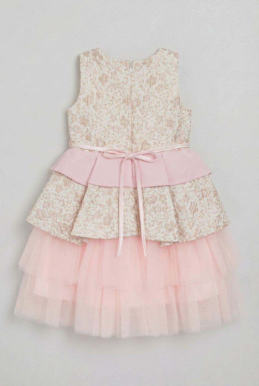 Vestito floreale jacquard Rosa da ragazza con fiocco staccabile