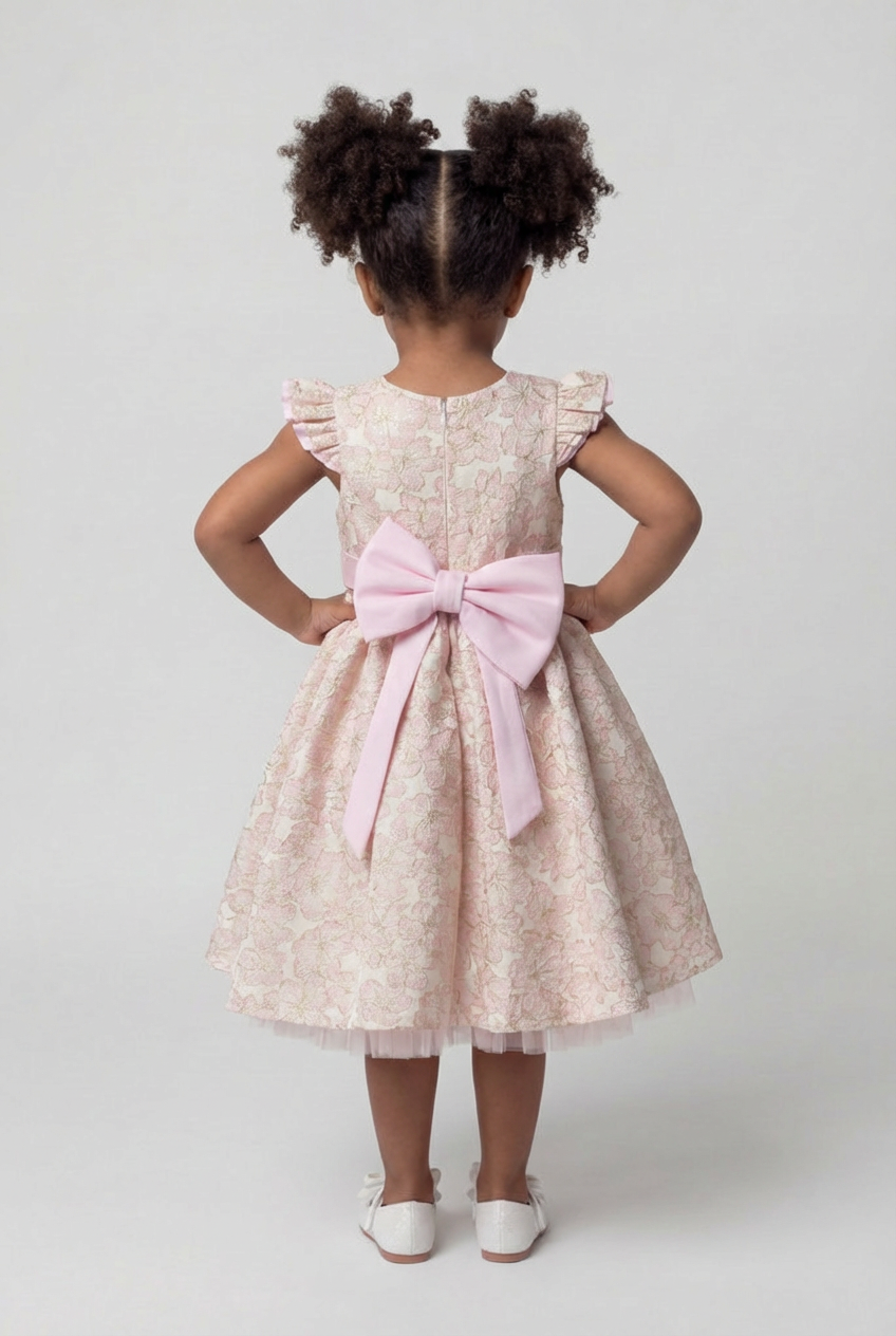 Girls Pink Floral Jacquard Occasion Dress with Matching Bag Model Back Picture