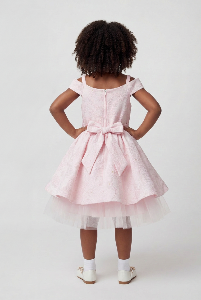 Girls Pink Jacquard Party Dress with Bow & Tulle Skirt
