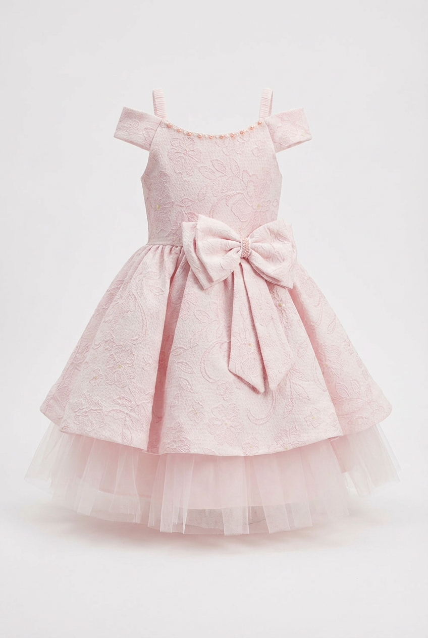 Vestido de fiesta para niñas Rosa de jacquard con lazo y falda de tul