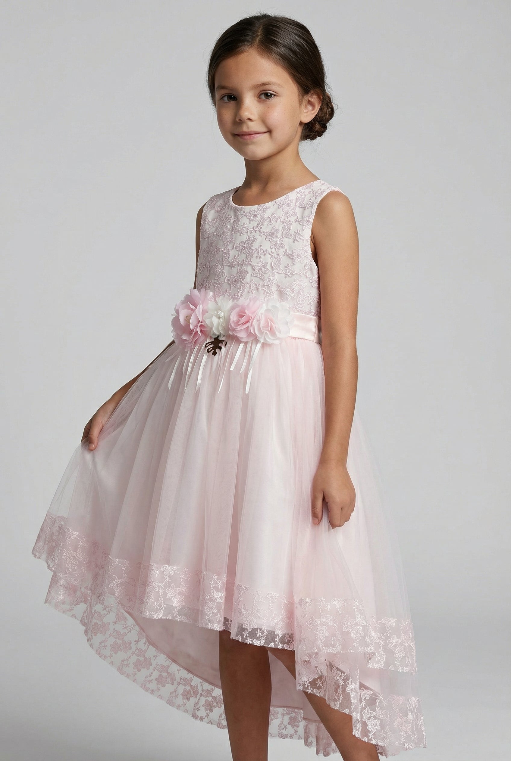 Girls Pink Lace High Low Tulle Dress Model Picture