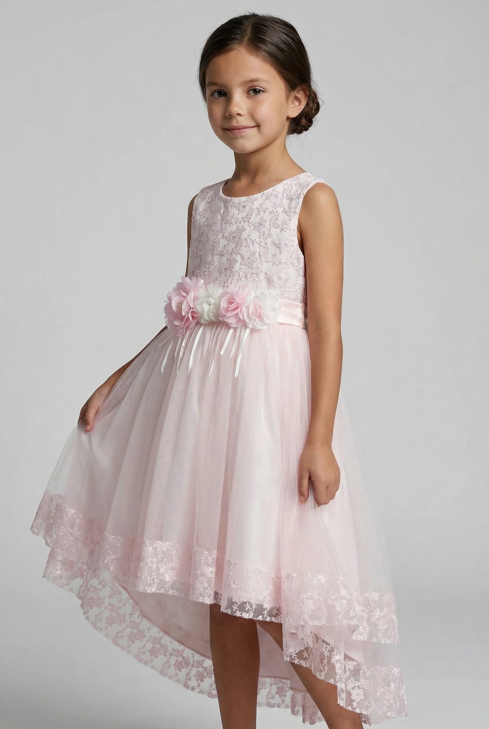 Girls Pink Lace High Low Tulle Dress
