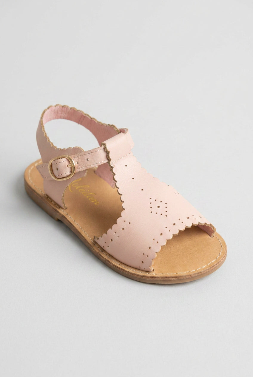 Sandales T-Bar en cuir Rose pour filles – Sandales d'été espagnoles à bords festonnés