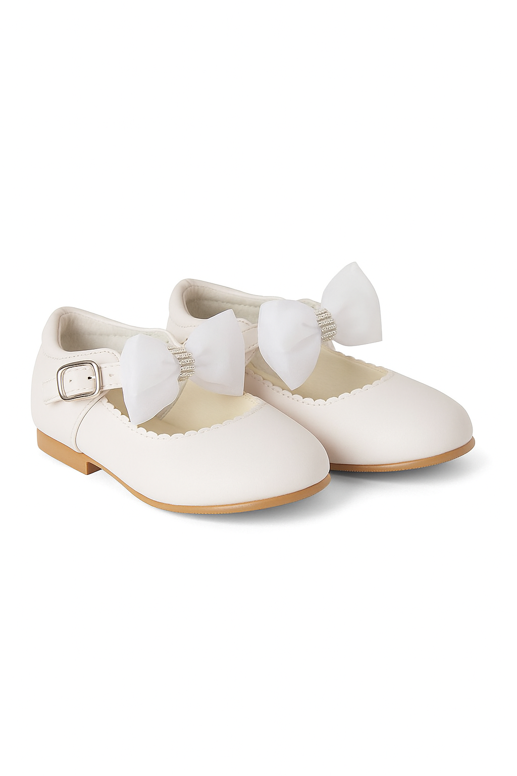 Girls Rhinestone Mary Jane Shoes with Bow – ZURI - White Pair Side Picture