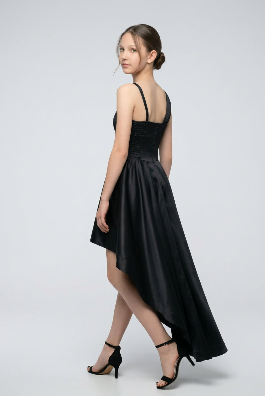 Girls Satin High-Low Party Dress with Pleated Detail - Black Back Picture