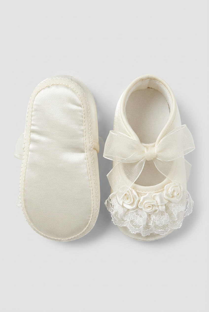 Girls Satin Lace Rose Pram Shoes - Ivory