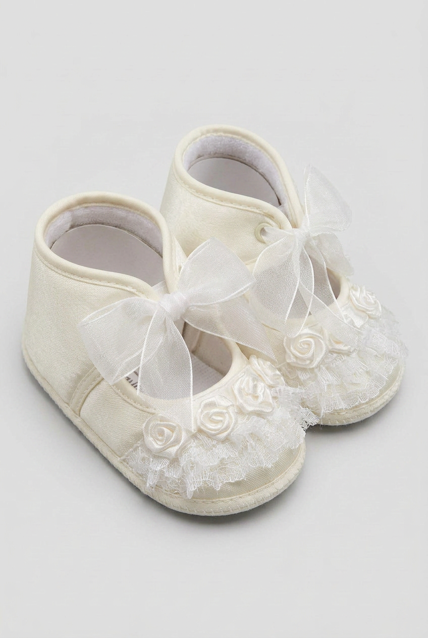 Girls Satin Lace Rose Pram Shoes - Ivory