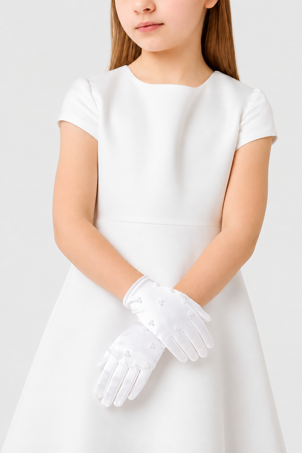 Kurze Satin-Handschuhe für Mädchen mit Perlenverzierung – Weiß