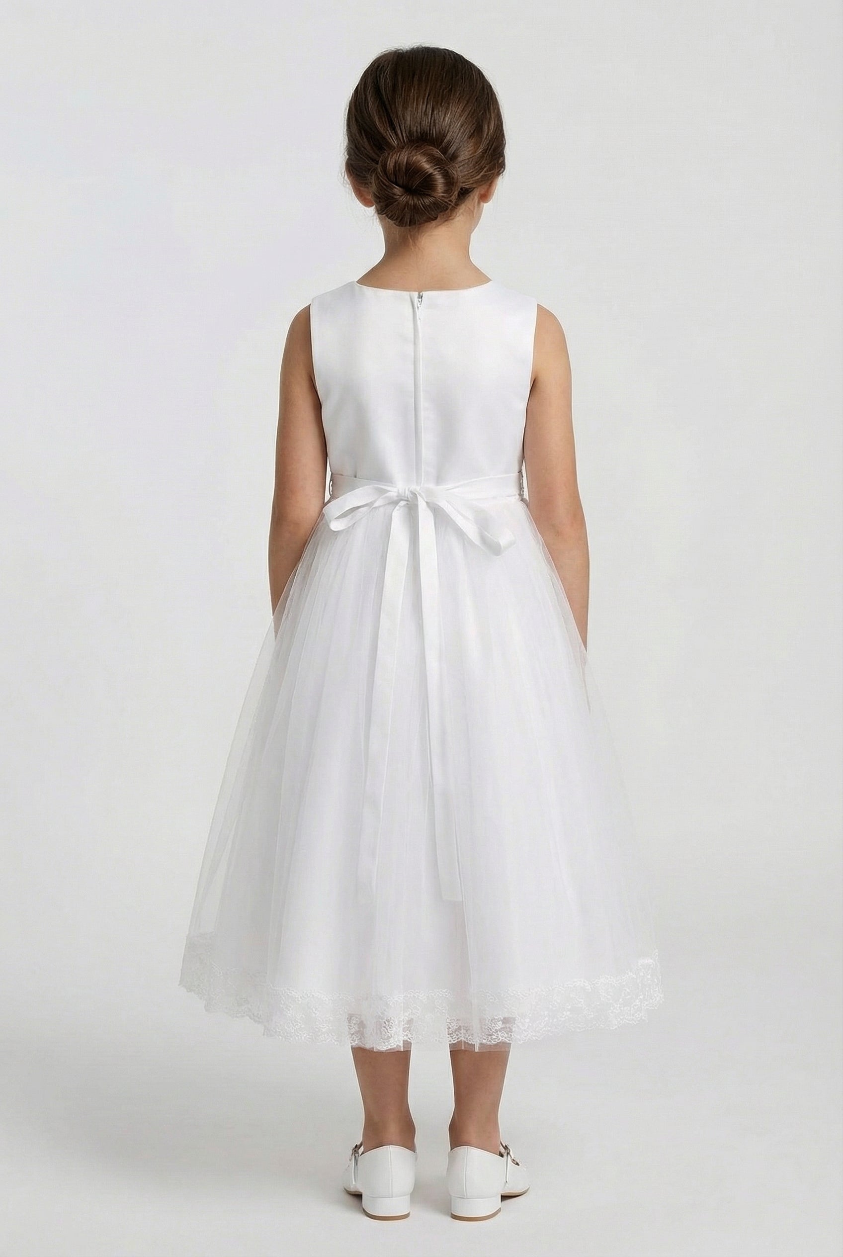 Girls Sleeveless Communion Dress with Lace Hem - Grace - White Back Picture