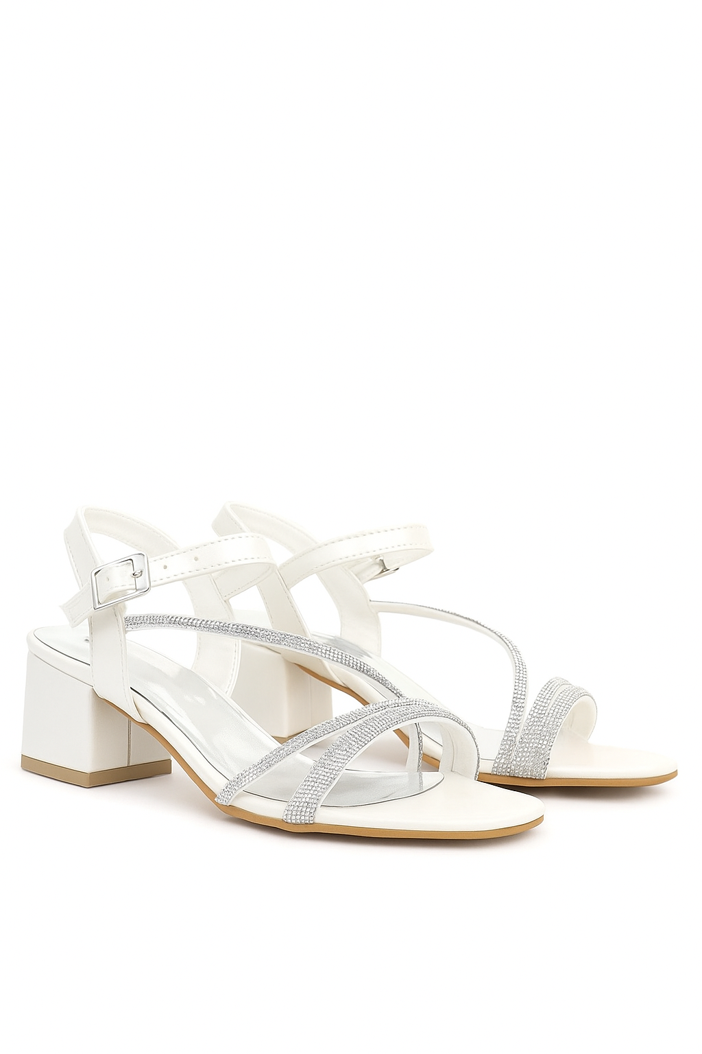 Girls Strappy Block Heel Sandals with Rhinestones - Tiana - Pearl White