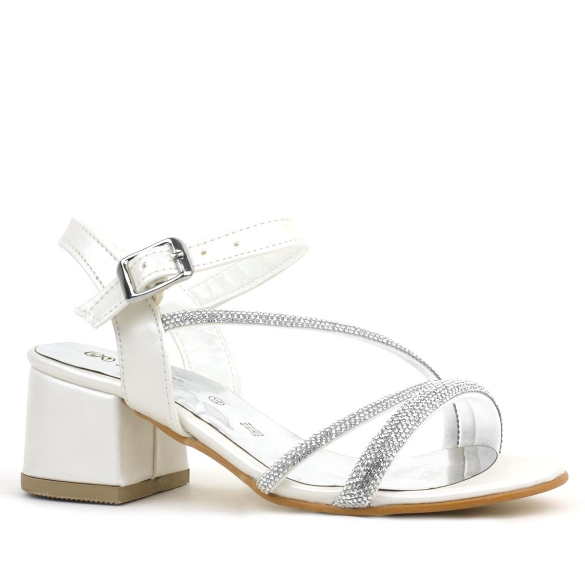Girls Strappy Block Heel Sandals with Rhinestones - Tiana - Pearl White