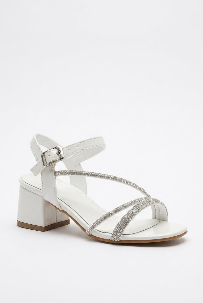 Girls Strappy Block Heel Sandals with Rhinestones - Tiana - Pearl White